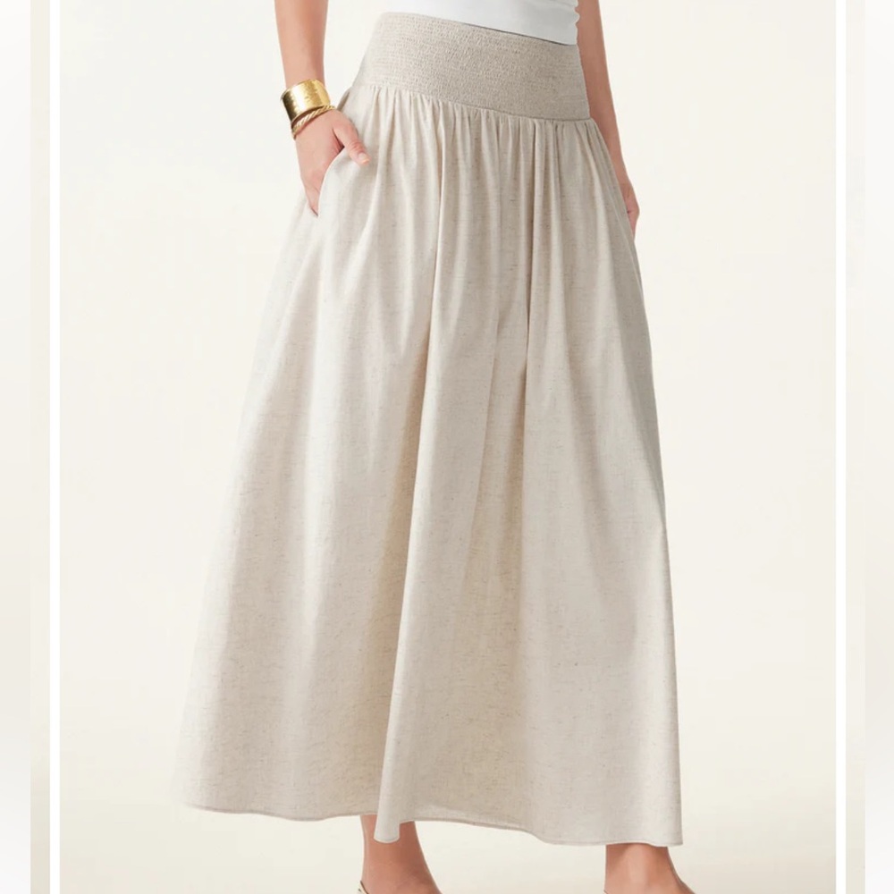OGL Beige Linen Flow Long Maxi Skirt With Pockets Elastic Waist Lined Effortless - Picture 13 of 14